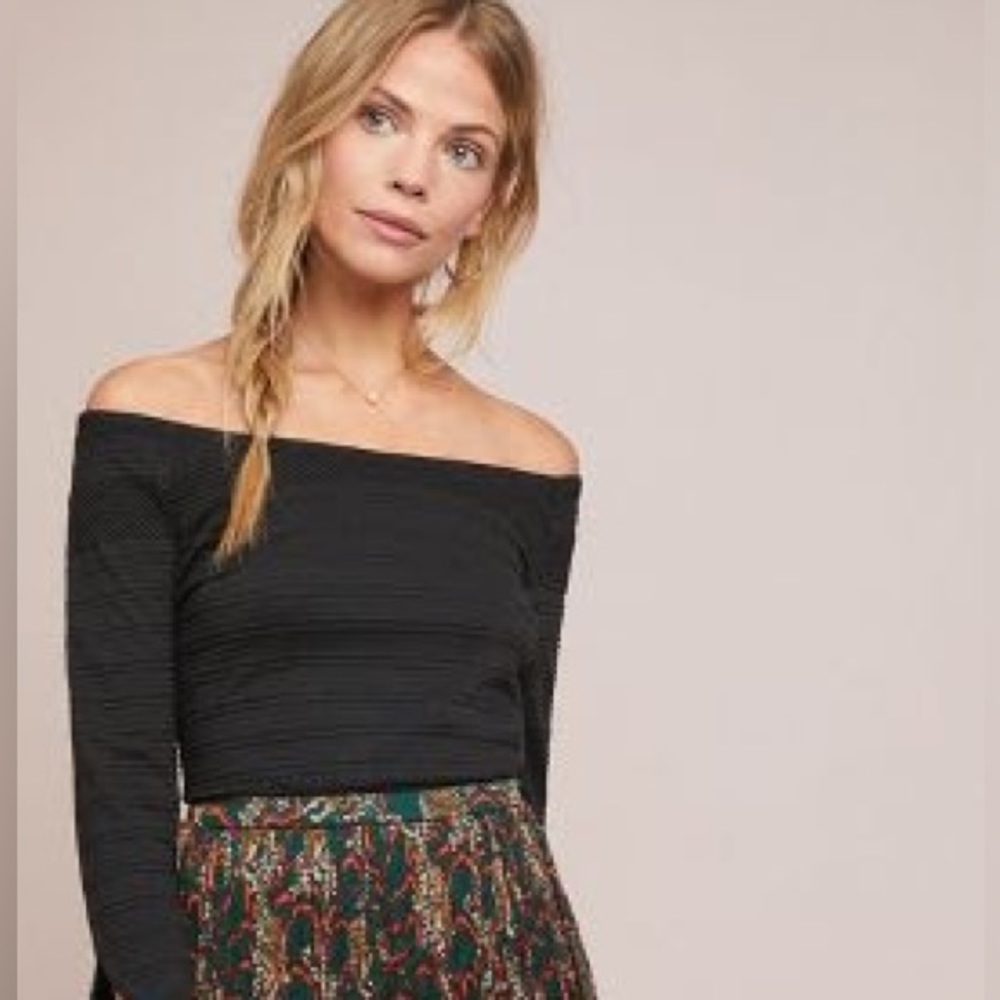 Black Sylvie off the shoulder top from Anthropologie.